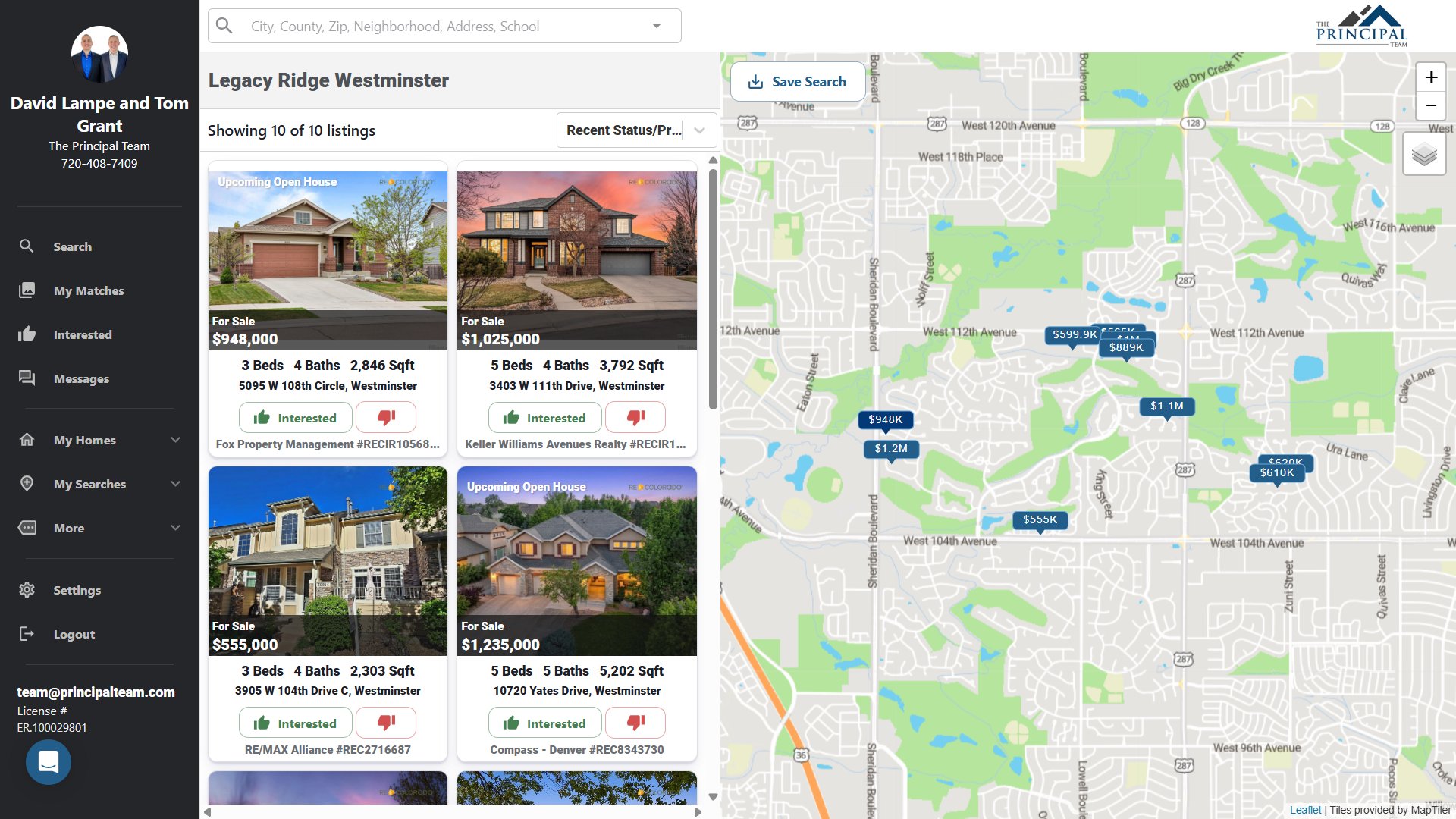 The Principal Team RealScout home search showing live Legacy Ridge Westminster listings on a map with prices and property details